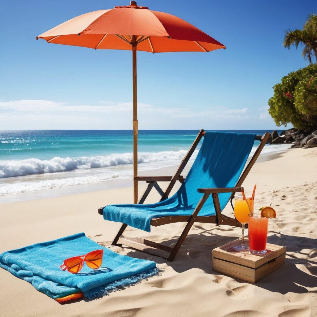 A vibrant beach scene featuring an array of trendy swimwear laid out against a sunny backdrop, with colorful beach essentials like towels, sunglasses, and flip-flops. Include a refreshing cocktail on a beach chair and a sun umbrella in the background. The ocean waves and clear blue sky create a relaxing atmosphere, inviting the viewer to dive into summer. super-realistic. vibrant colors. white background.
