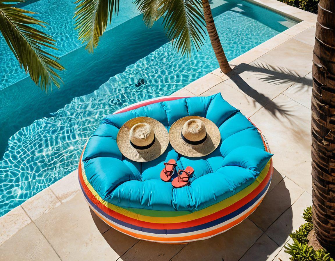 A chic poolside setup featuring an elegantly arranged beach bag filled with colorful swimsuits, oversized sun hats, trendy sunglasses, and sandals, alongside a soothing seaside backdrop with crystal-clear waves and palm trees swaying. The scene is sunlit, evoking a vibrant summer vibe, with a refreshing cocktail placed on a floating pool float. super-realistic. vibrant colors. beach setting.