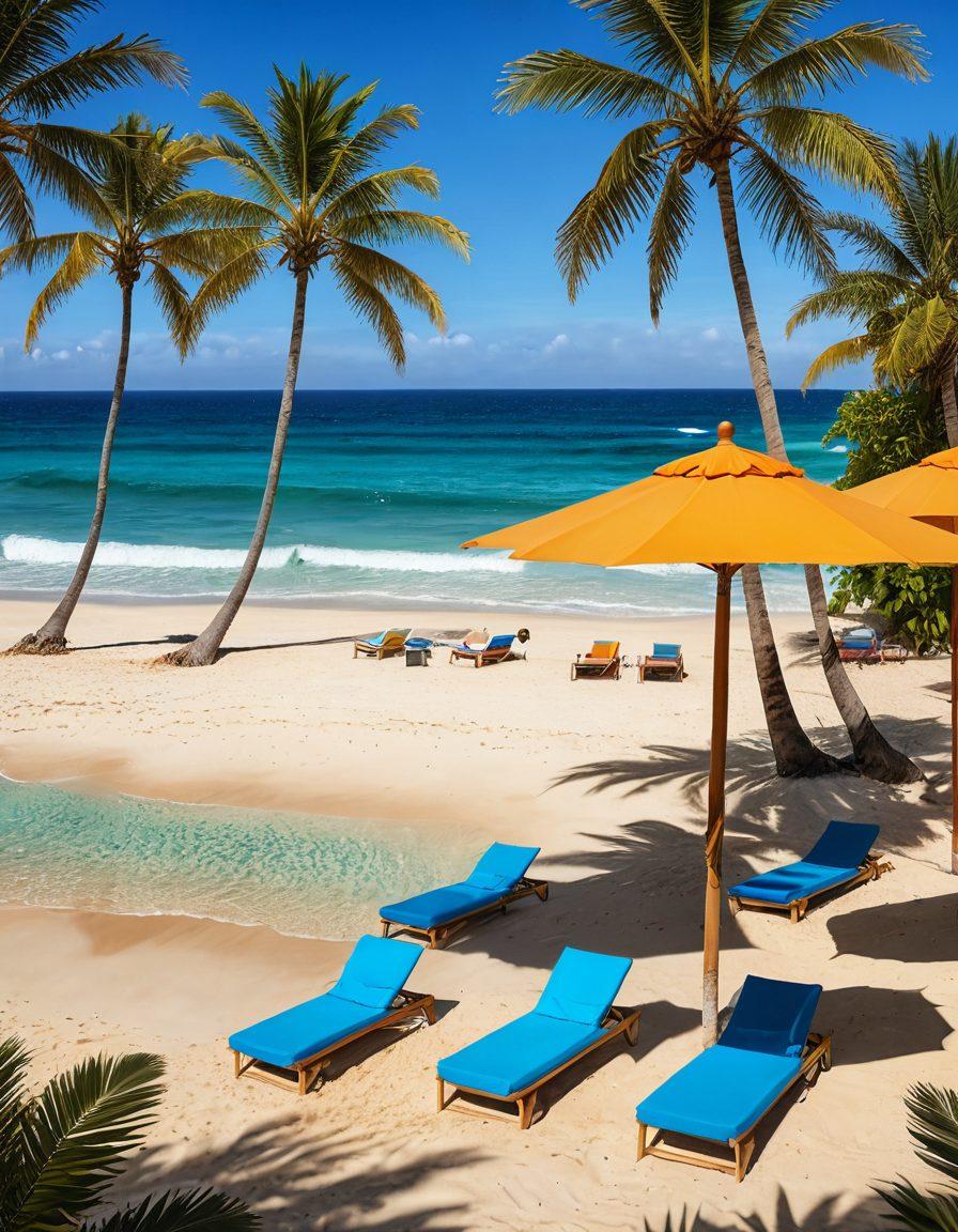 A stylish beach scene featuring a diverse group of people wearing trendy summer outfits, colorful bikinis, and beach cover-ups. Include accessories like sunglasses, wide-brimmed hats, and beach bags, with a backdrop of a vibrant blue ocean and golden sand. Incorporate beach elements like surfboards, beach umbrellas, and palm trees for a lively atmosphere. Bright, cheerful colors to evoke a summery feel. super-realistic. vibrant colors. tropical background.